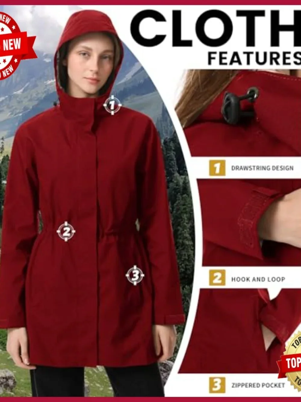 Women's Packable Waterproof Raincoat Hooded Trench Coat Lightweight Outdoor